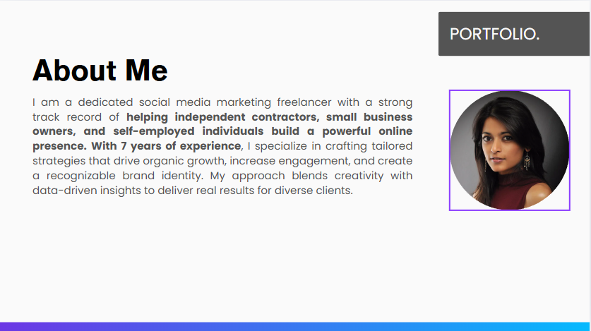 A mockup About Me section for reference that includes a small paragraph about the portfolio creator and a photo of theirs on the side.