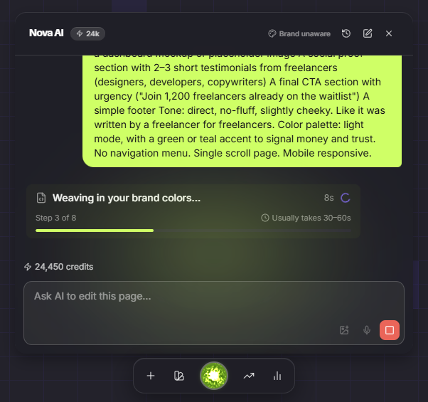 Fast AI Landing Page Generation with Leadpages Leadpages AI chat assistant showing a prompt for an automation tool landing page and a progress bar for "Weaving in your brand colors."