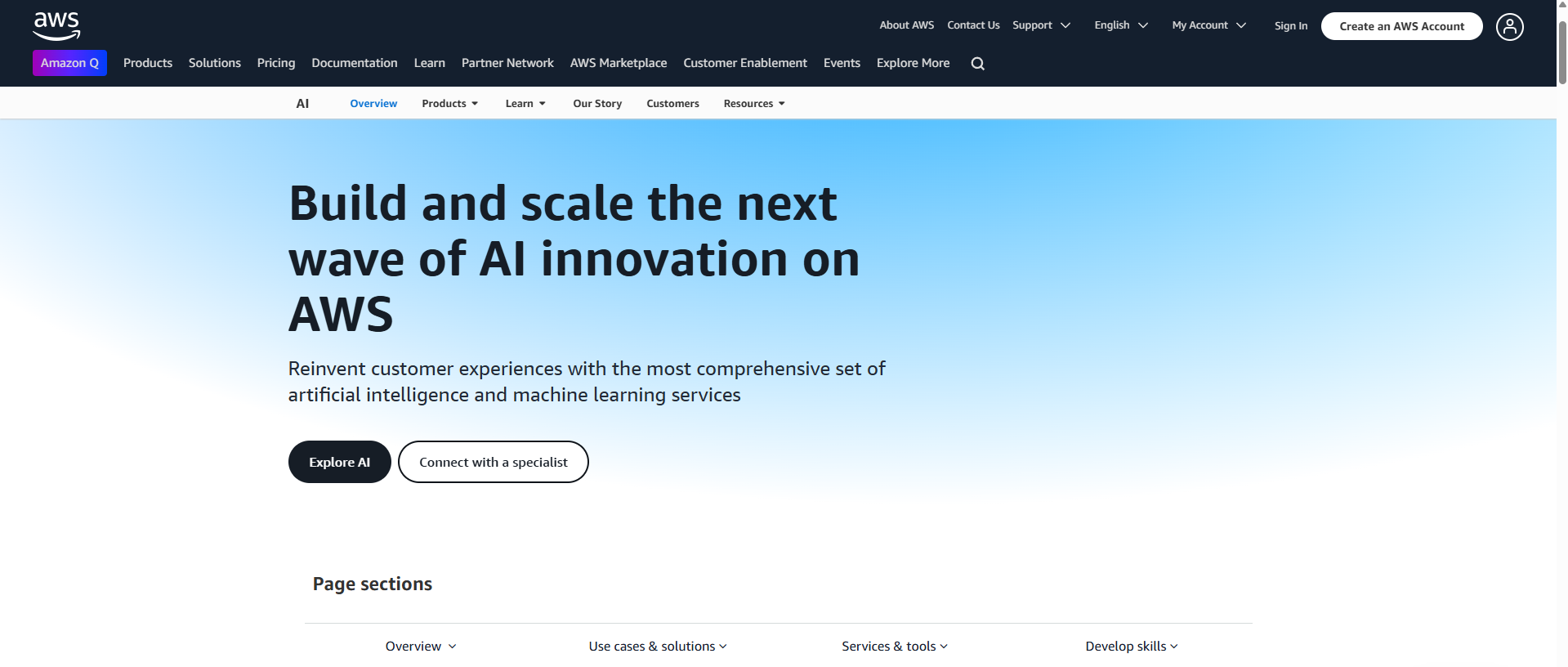 AWS' AI webpage to find out best AI hosting tools on Amazon.