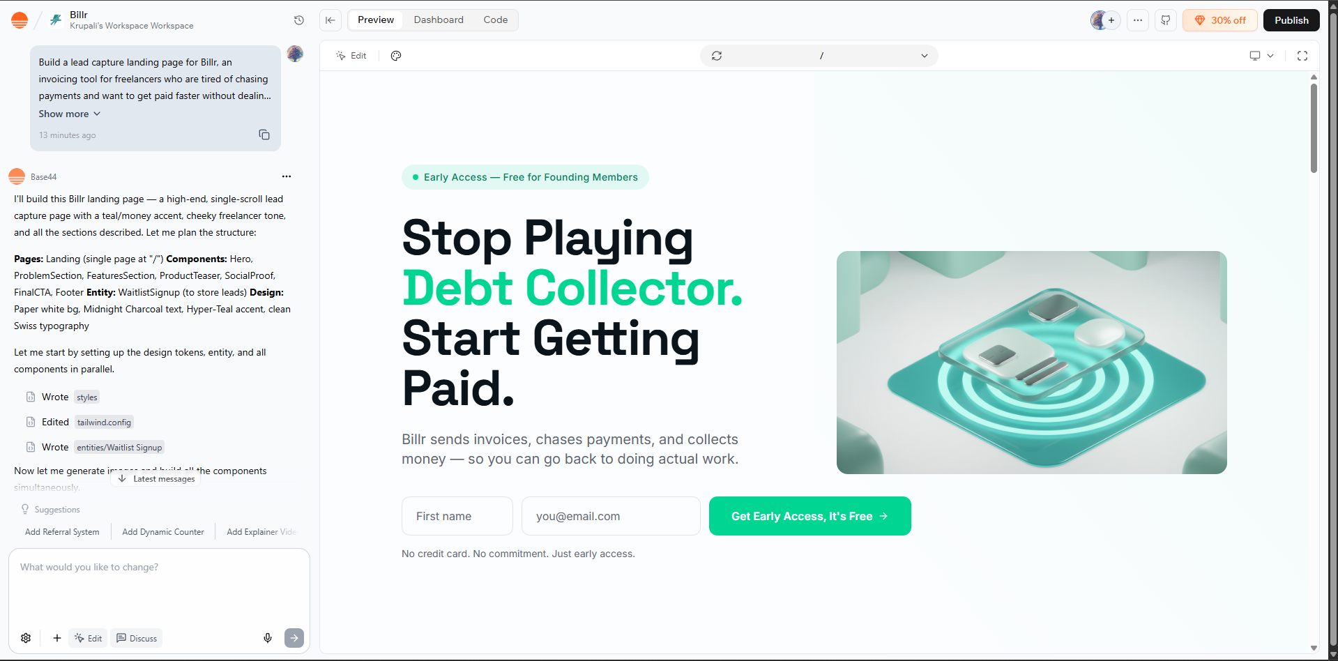 Base44 AI Landing Page Builder Base44 AI-generated landing page with headline "Stop Playing Debt Collector. Start Getting Paid."
