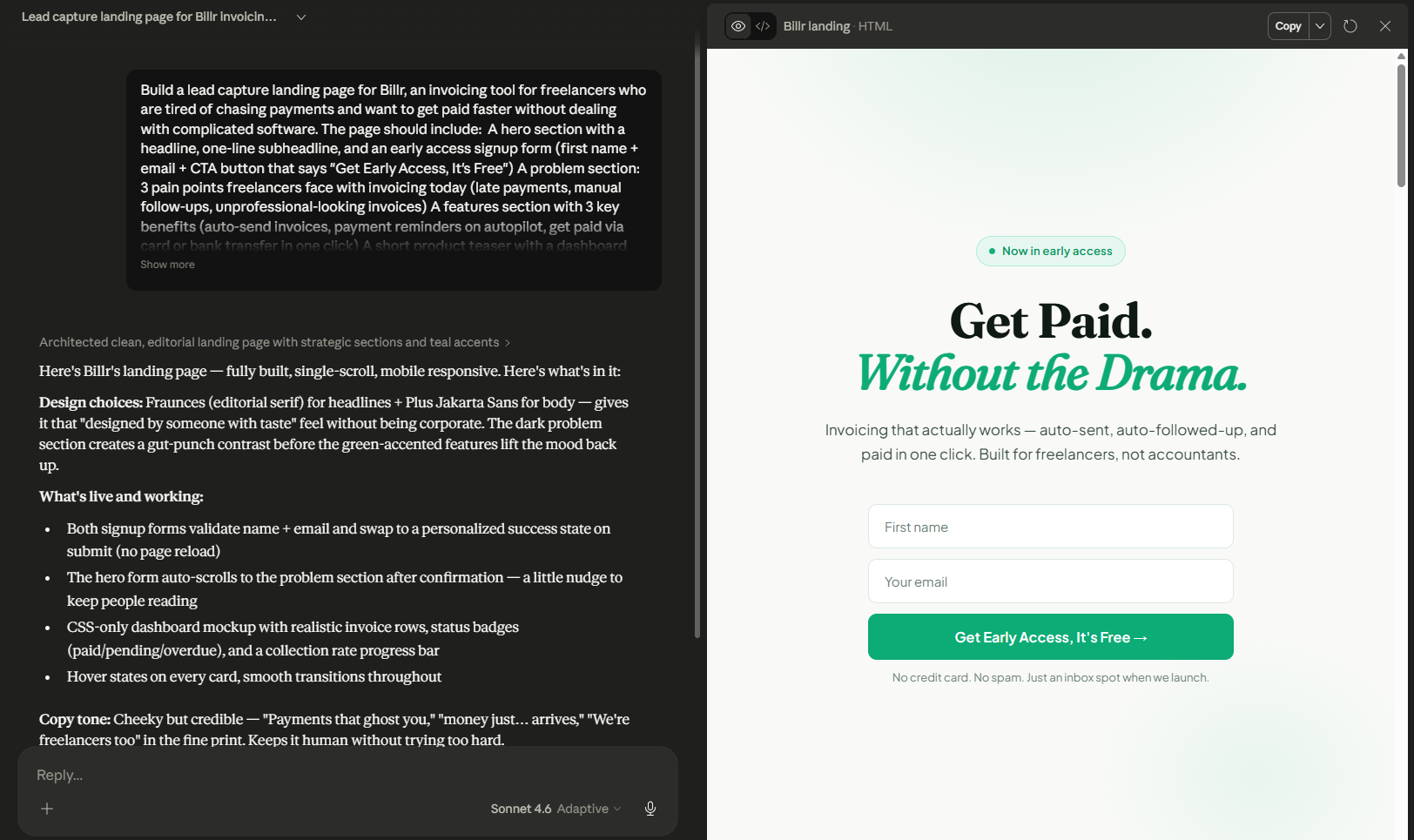 Claude AI Landing Page Builder Claude AI-generated landing page for a freelancer invoicing tool with headline "Get Paid. Without the Drama."