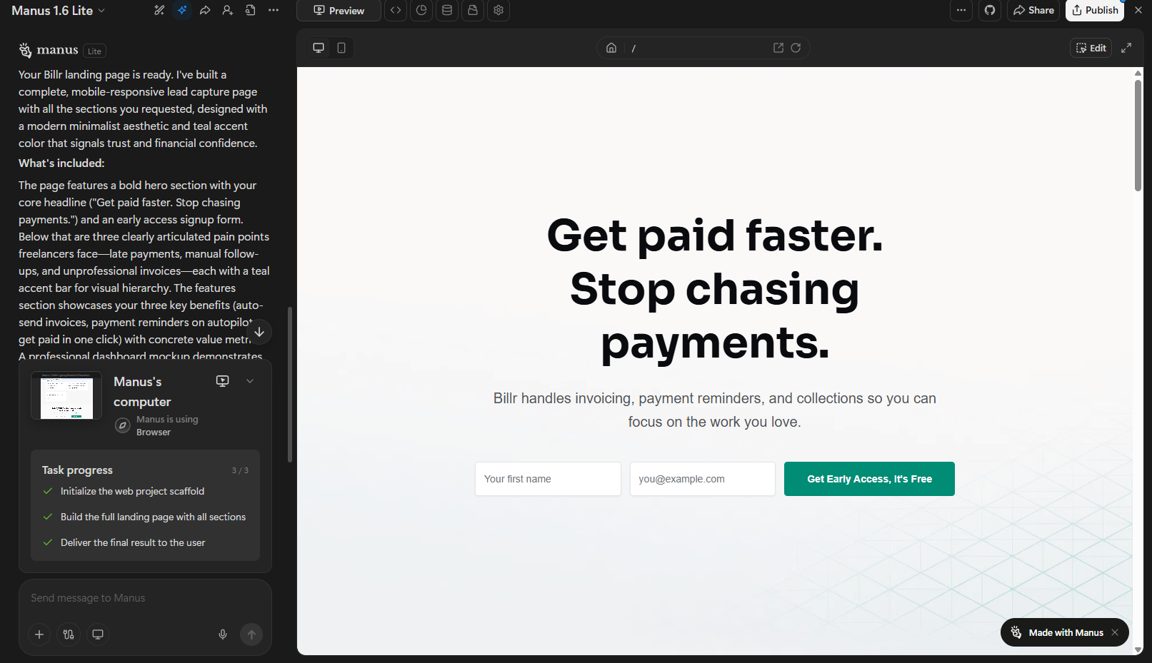 Manus AI Landing Page Builder Manus AI-generated landing page for a payments tool with headline "Get paid faster. Stop chasing payments."