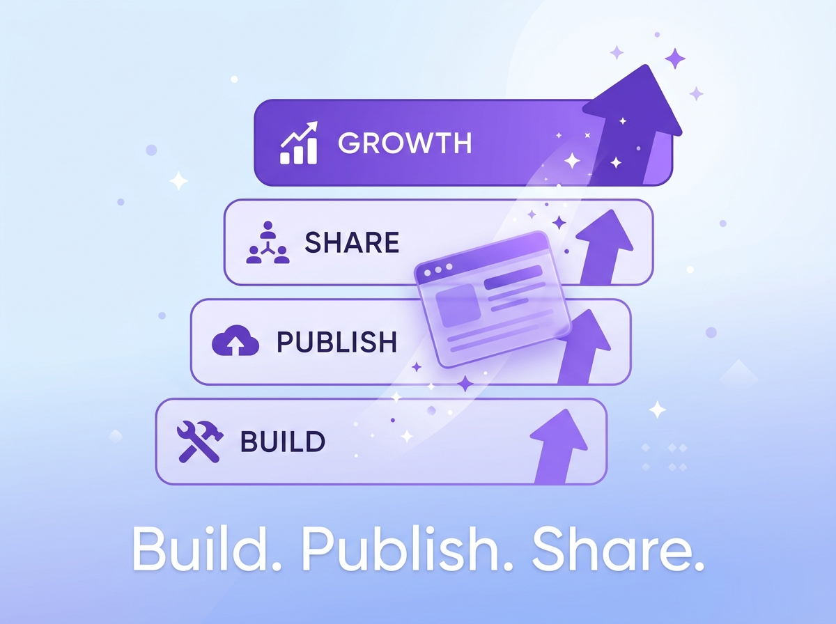 From Build to Growth: Steps to scale an AI landing page Vertical stack illustration of the landing page lifecycle: Build, Publish, Share, and Growth with upward arrows.