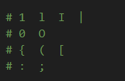 Distinguishing Symbols in Programming Fonts A comparison of similar characters like 1, l, I and 0, O in a coding font to demonstrate legibility and character distinction.