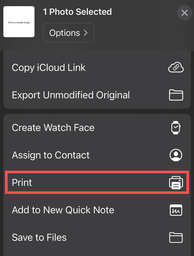 Click on Print after selecting your image in photos app