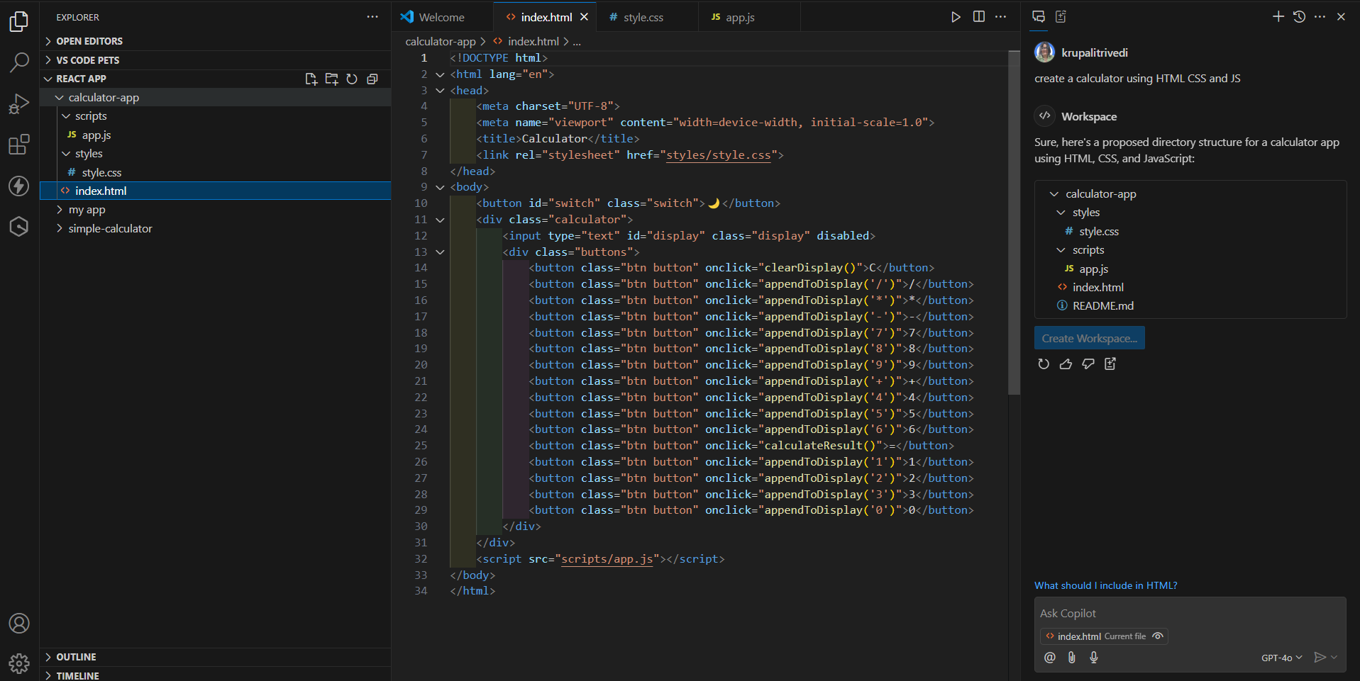 Code editor window showcasing the AI chat on left side of the screen, files on the right and code in the middle.