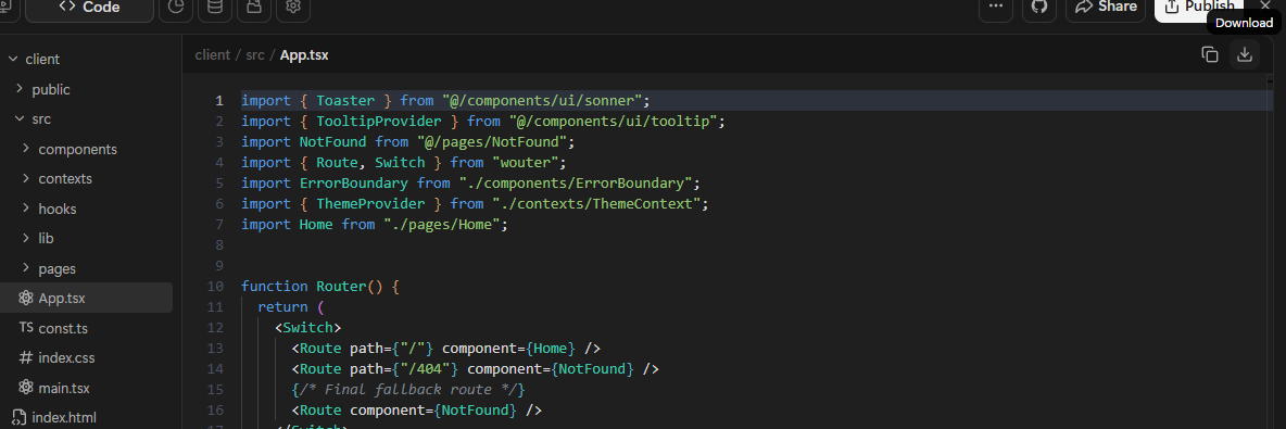 Manus AI Code Export Manus AI exported React project code files showing component structure in a code editor