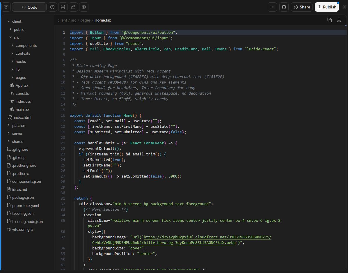 Manus AI Code Export Manus AI code editor view showing exported HTML and CSS code of an AI-generated landing page