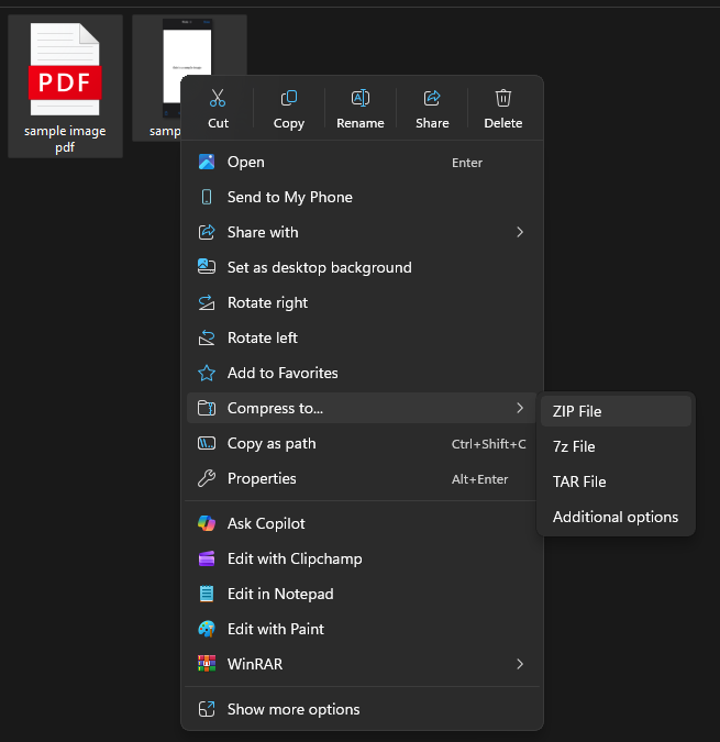 Compress multiple files into a folder on Windows 11.