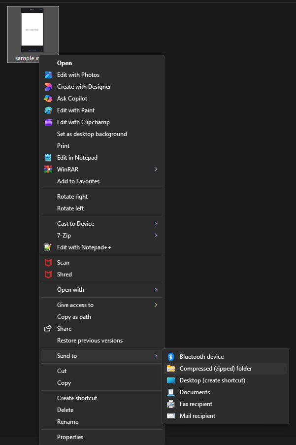 ZIP a file on Windows Desktop