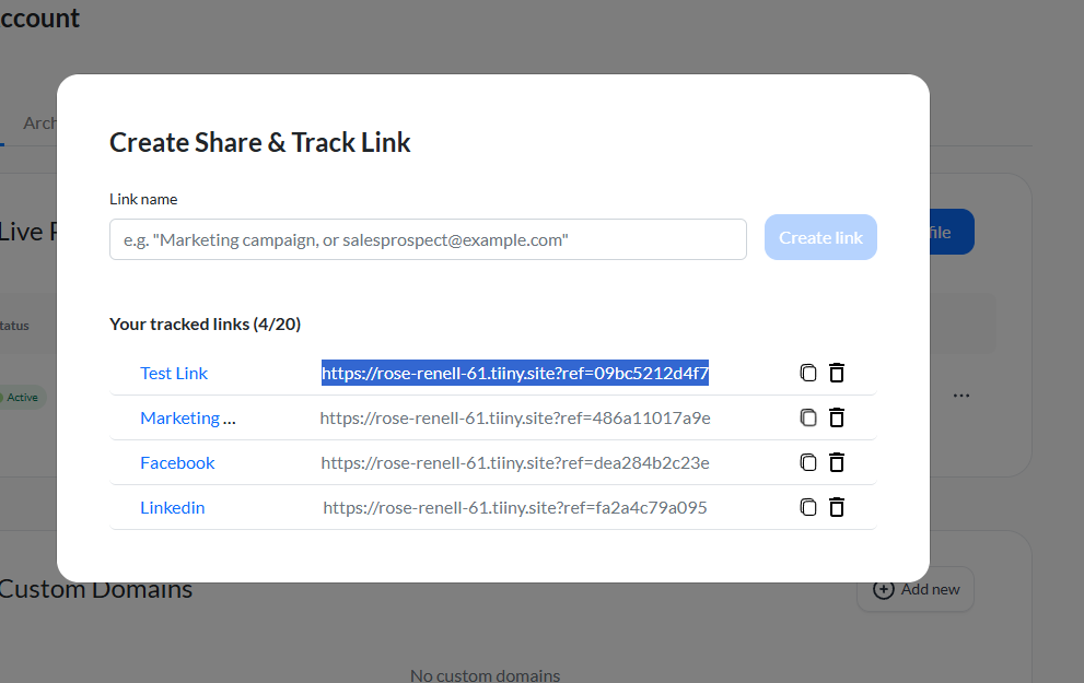 Copy the desired tracking link from the list