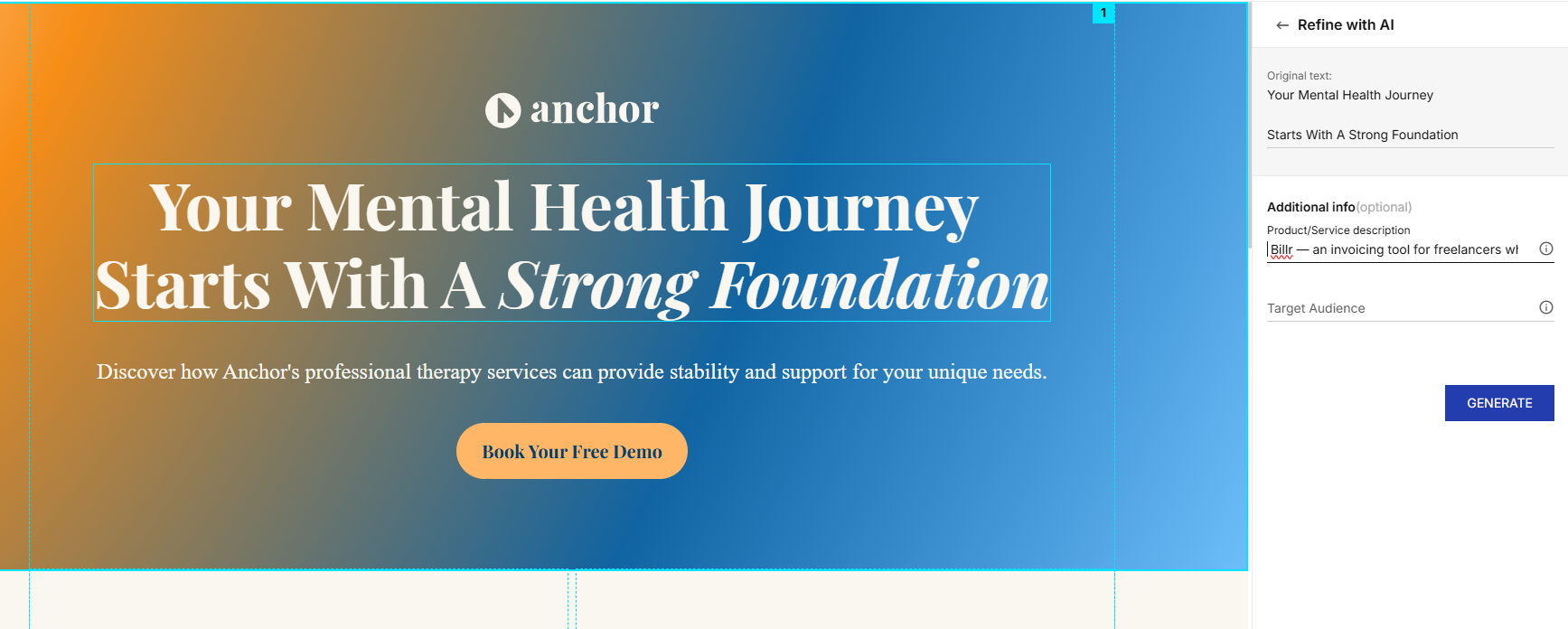 Instapage AI personalization showing targeted copy variations on a mental health therapy landing page