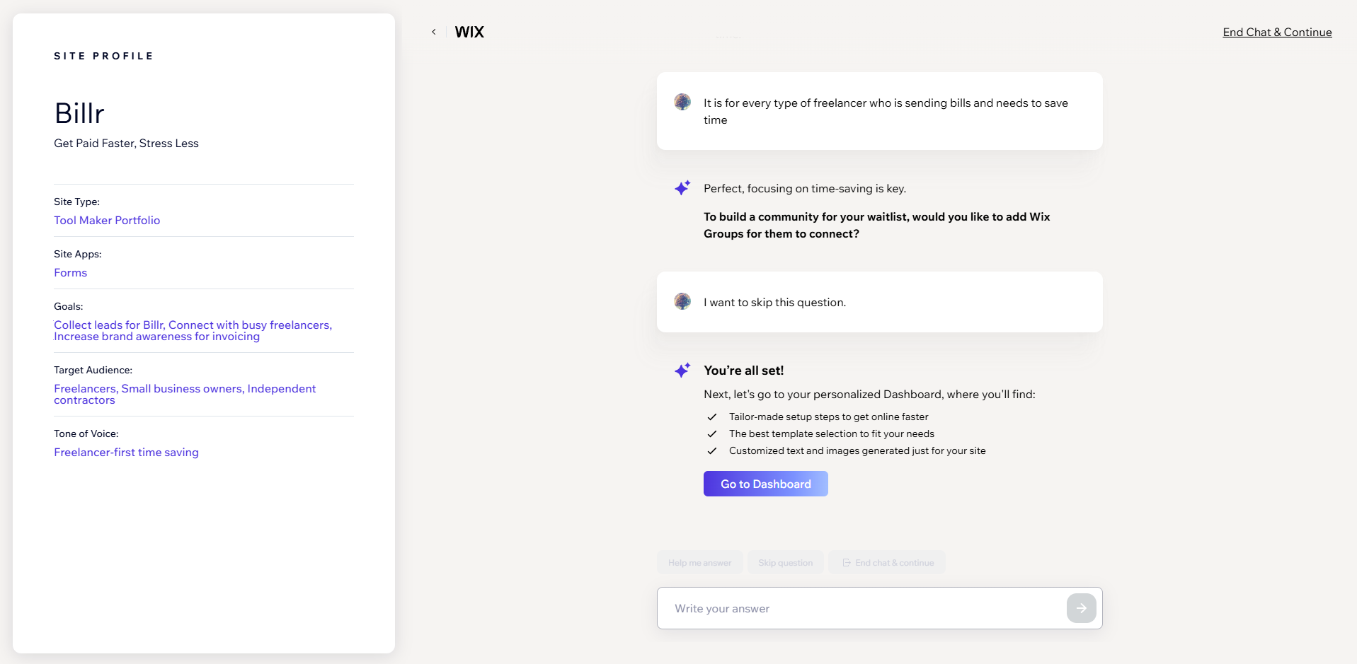 Wix AI Site Creation Flow Wix AI onboarding chatbot asking questions to personalize a landing page for a freelancer