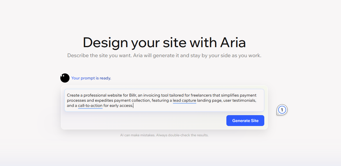 Wix Aria AI – Describe Your Site and Let Aria Generate It Instantly Wix Aria AI assistant prompt interface with "Design your site with Aria" and a text input field