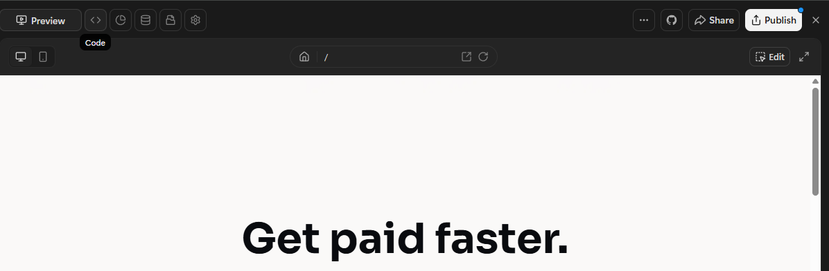 Manus AI export Code Option Manus AI landing page preview showing "Get paid faster." headline ready to publish