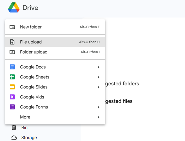 Selecting File upload to upload Word Doc to Google Docs
