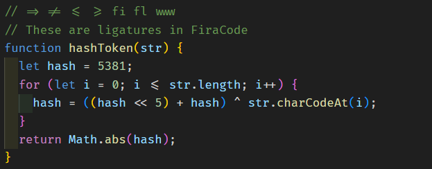 Popular Coding Fonts: Fira Code Fira Code programming font with ligatures enabled, displaying a JavaScript function and rendered symbols for arrows and operators.