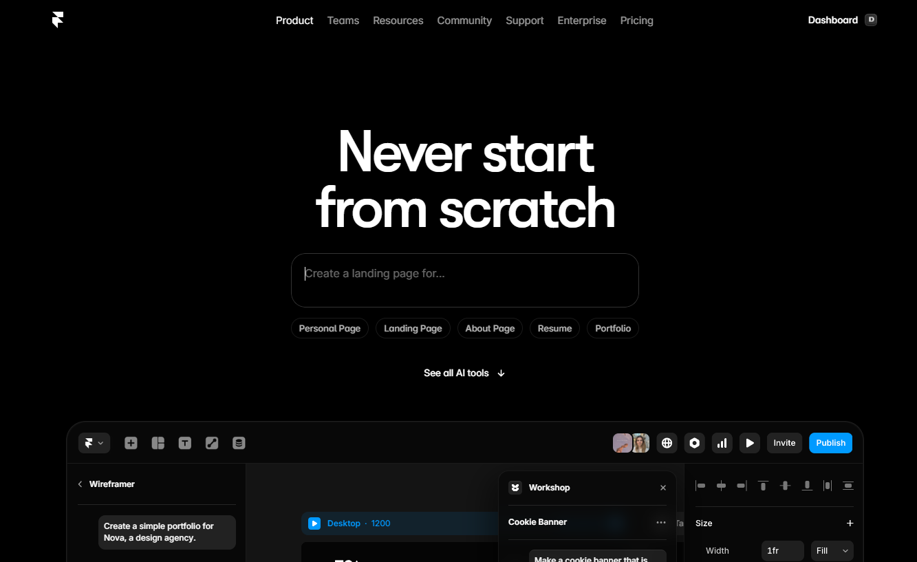 Framer AI Landing Page Builder – Design & Publish Pages Without Starting from Scratch Framer website builder homepage showing "Never start from scratch" tagline and AI landing page editor