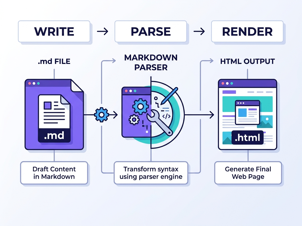 Markdown to HTML conversion workflow: Write, Parse, and Render Diagram showing the process of converting a .md file to HTML through writing, parsing, and rendering.