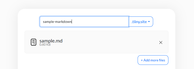Entering a custom link-name for a tiiny.site subdomain to host a Markdown document.