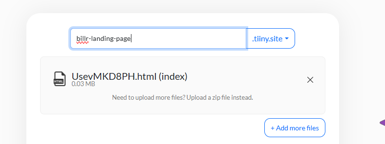 Tiiny Host Free Custom Subdomain Tiiny Host upload screen showing an HTML index file being uploaded with a custom subdomain field