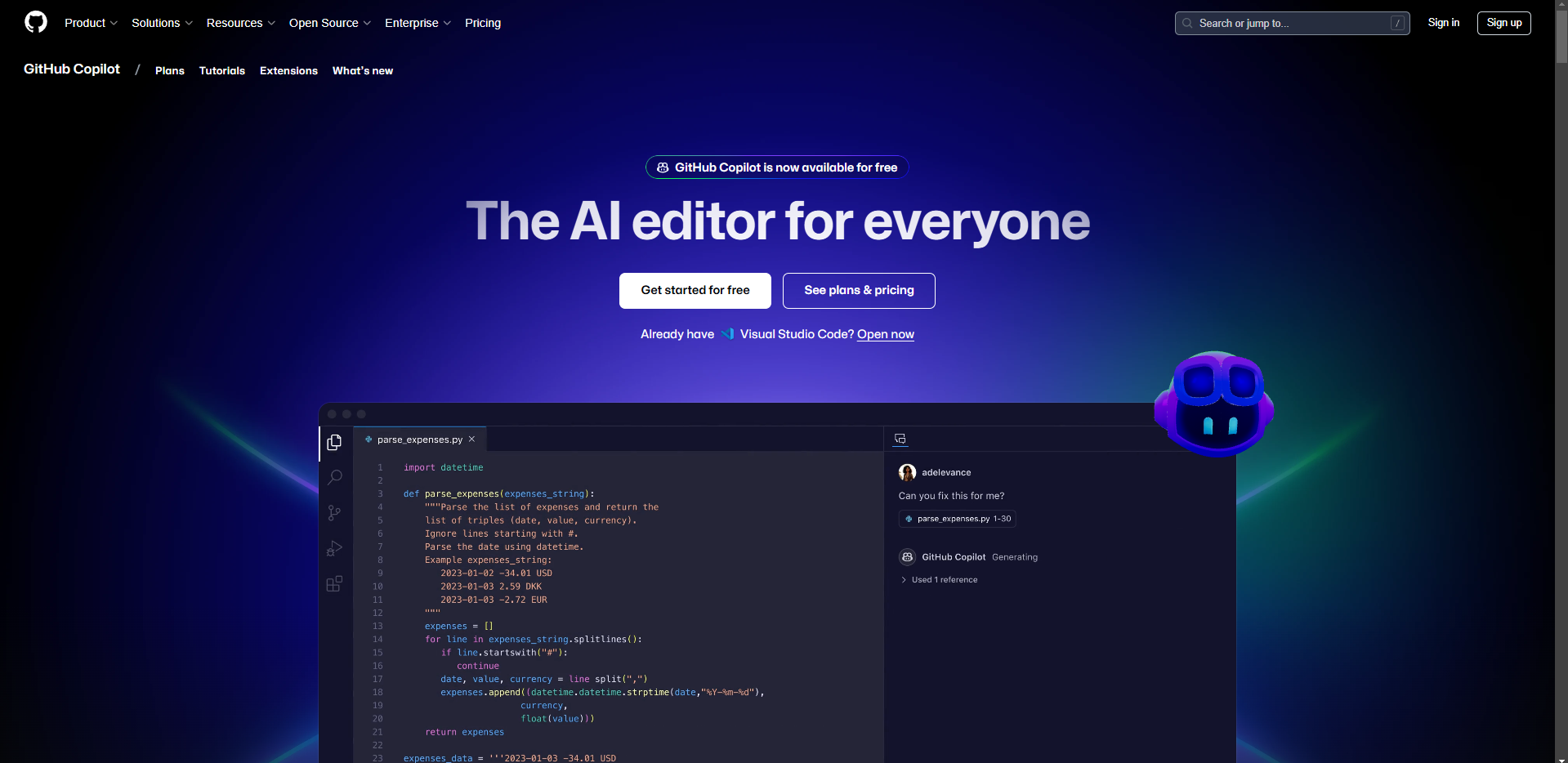 GitHub Copilot Homepage with buttons to help get started with the AI or redirection to VS Code.