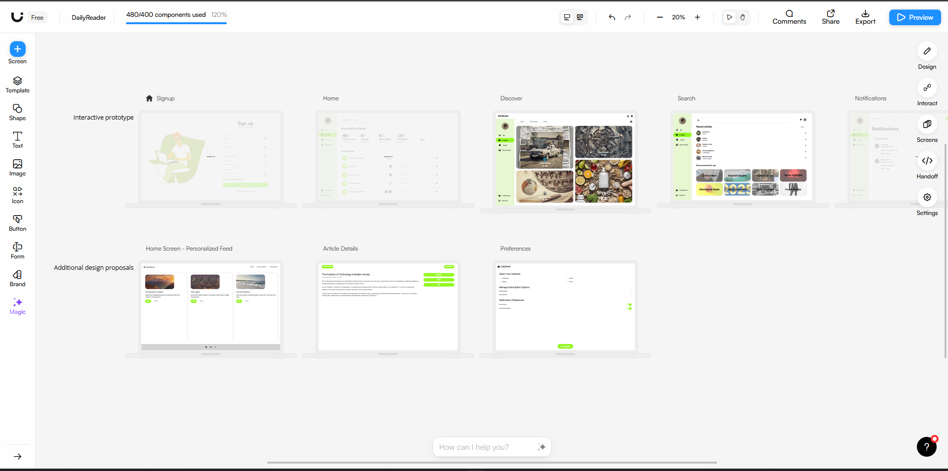 The design assets for prototype created using AutoDesigner, Uizard's AI companion to create prototypes and designs.