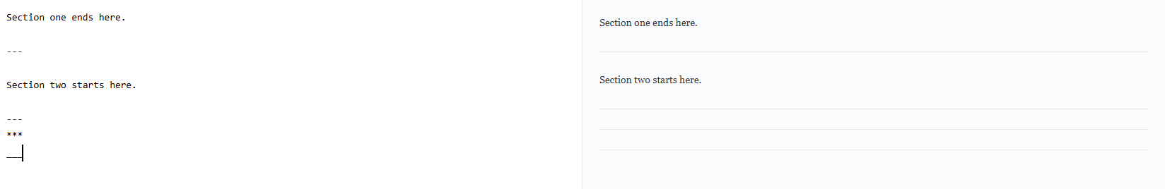 How to add a horizontal rule or divider in Markdown Markdown horizontal rule syntax showing three dashes, asterisks, and underscores to create section dividers.