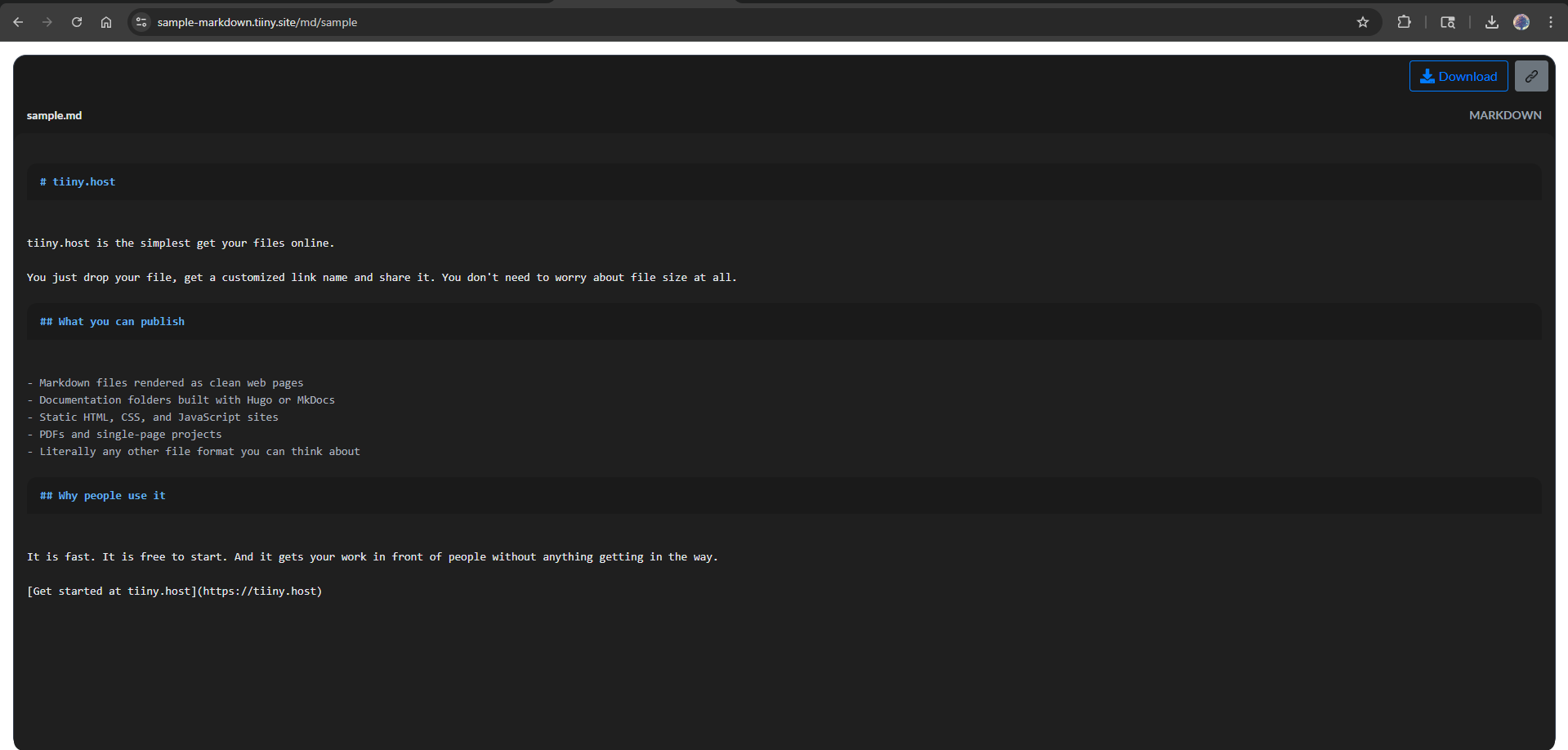 Final hosted version of a .md file on a custom subdomain Live preview of a rendered Markdown file hosted online as a clean, dark-themed webpage.