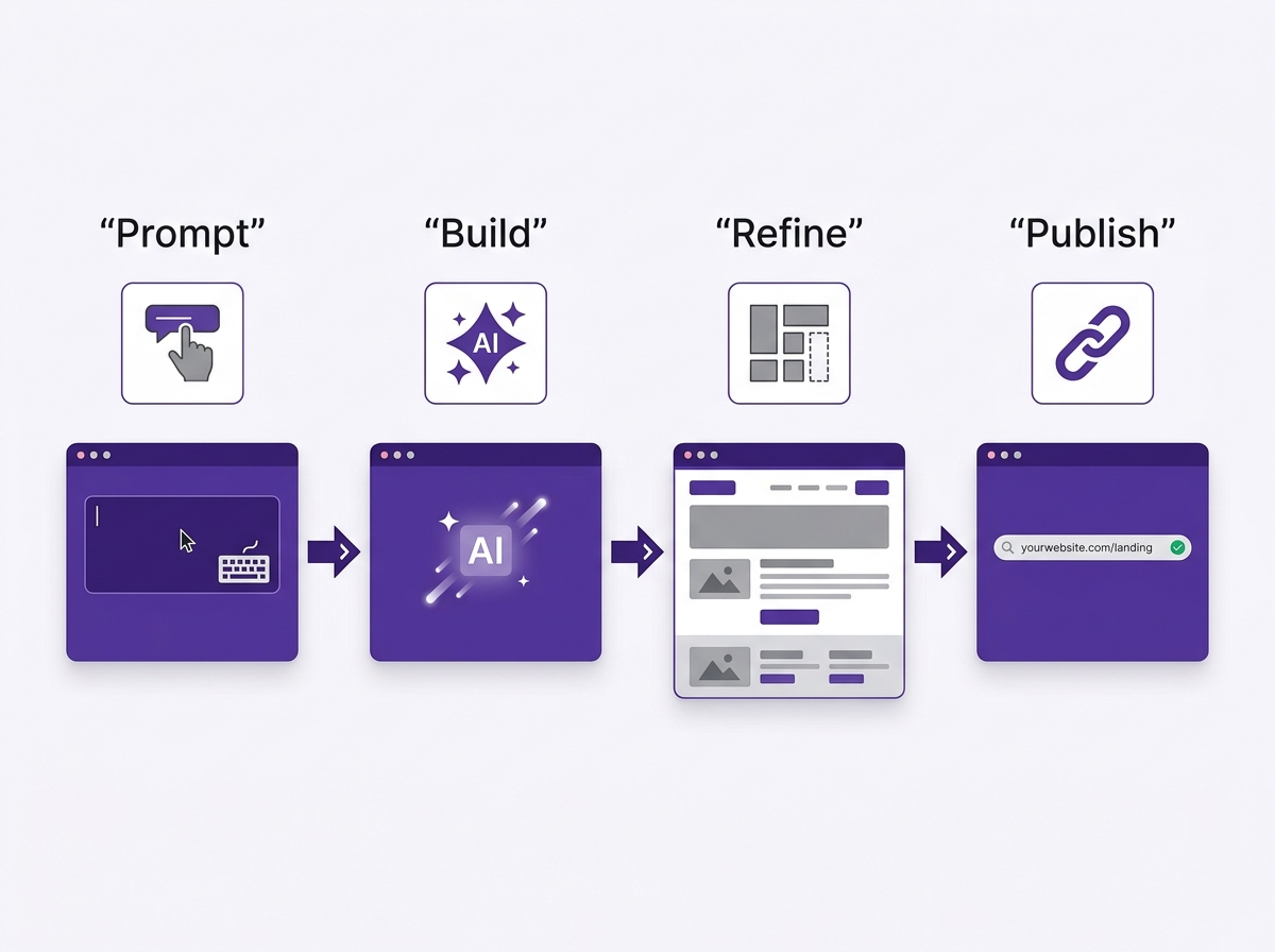 How to build and publish an AI landing page in seconds Four-step diagram showing the AI landing page creation process: Prompt, Build, Refine, and Publish.