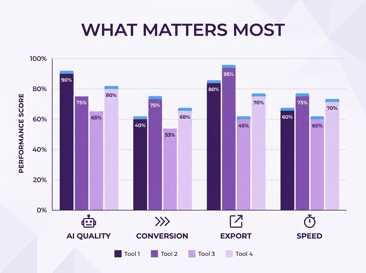 AI Landing Page Builder Performance Comparison Chart Bar chart comparing four AI landing page tools across AI Quality, Conversion, Export, and Speed performance scores.