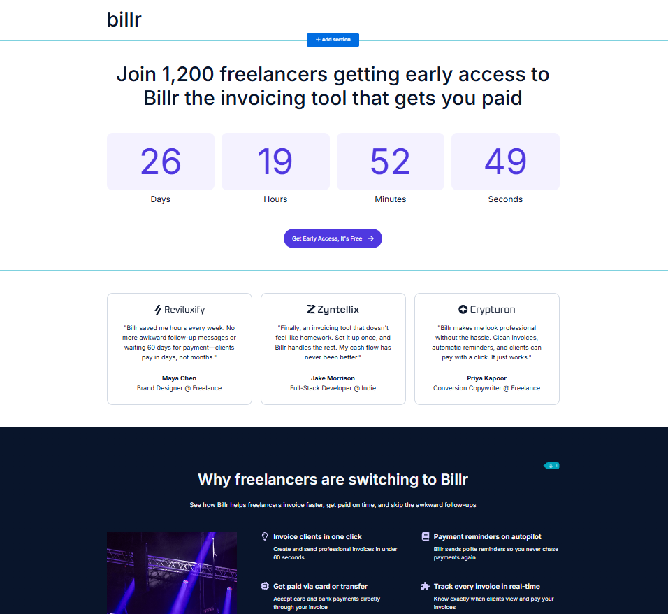 HubSpot AI Landing Page Output HubSpot AI-generated landing page for Billr invoicing tool with countdown timer and feature sections
