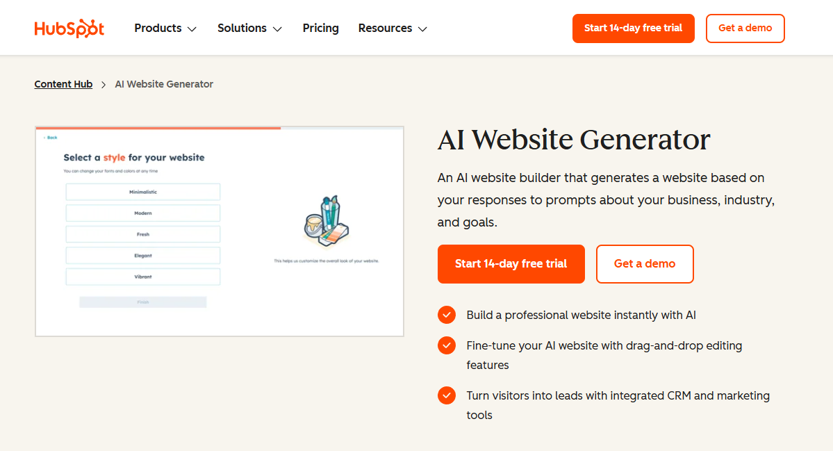 HubSpot AI Website Builder HubSpot AI Website Generator page showing options to build a professional website based on business goals