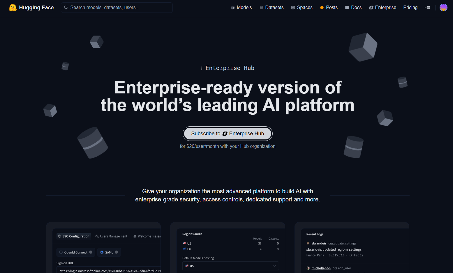 Hugging Face for Enterprise homepage.