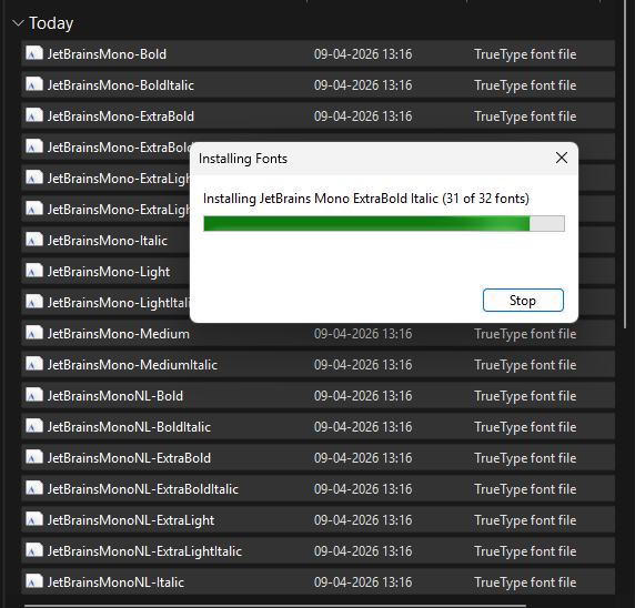 Windows installation guide showing JetBrains Mono coding fonts being installed using the "Install for all users" context menu option.