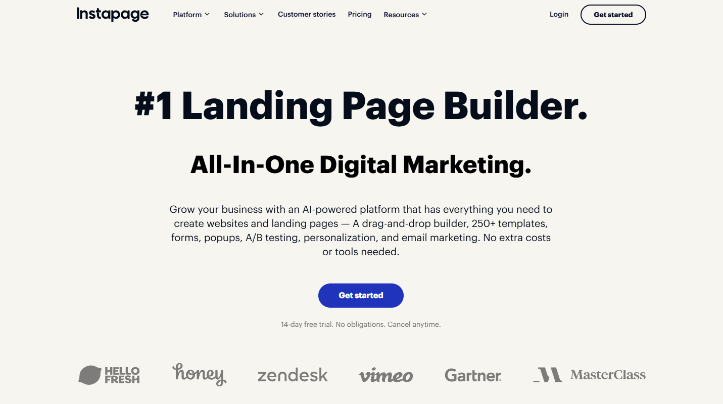 Instapage Landing Page Builder – All-in-One Platform for Building and Personalizing Landing Pages Instapage homepage with headline "#1 Landing Page Builder. All-In-One Digital Marketing." and brand logos