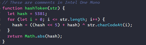 Intel One Mono Font Example Intel One Mono font preview in a dark code editor, showing high-legibility characters designed for low-vision developers and reduced eye strain.