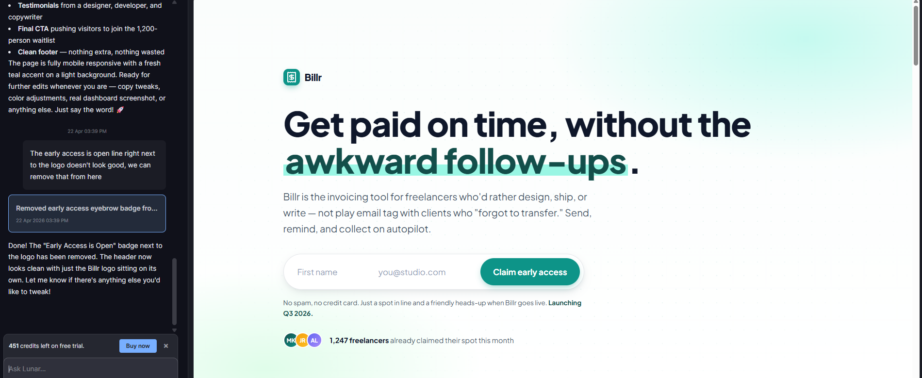 Landingi AI Output – Example of a Generated Landing Page Ready to Publish Landingi AI-generated landing page for a freelancer invoicing tool with headline and CTA