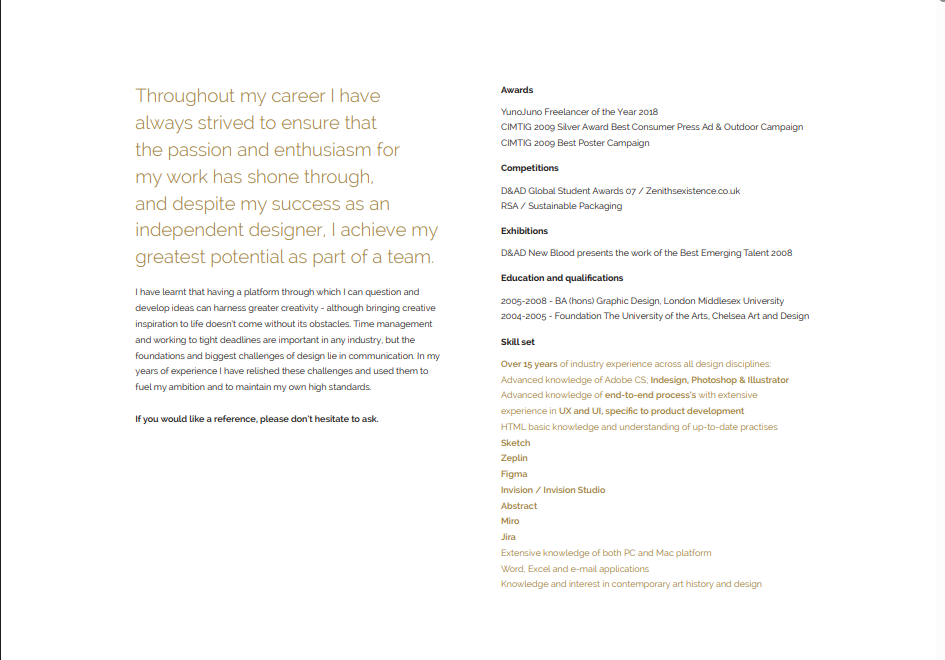 Screenshot of Kate Margollis' Introduction section from her portfolio showcasing a small introduction followed by her achievements and work experience in brief.