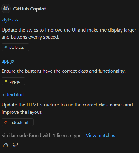 Output of Copilot Edit Chat prompts to make cleaner UI, resulting into changes in file, explanation of changes.