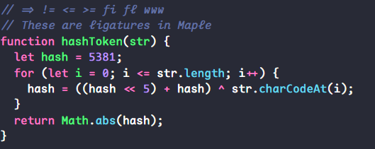 Maple Mono monospaced font with rounded terminals and coding ligatures in a JavaScript code snippet.
