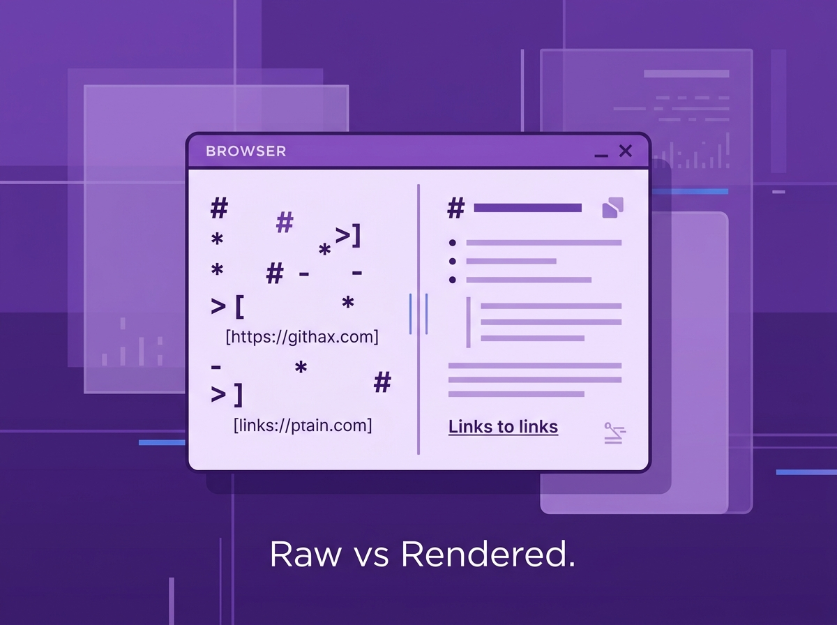 Raw vs Rendered: How a .md file works Illustration comparing raw Markdown syntax on the left and rendered formatted output on the right.