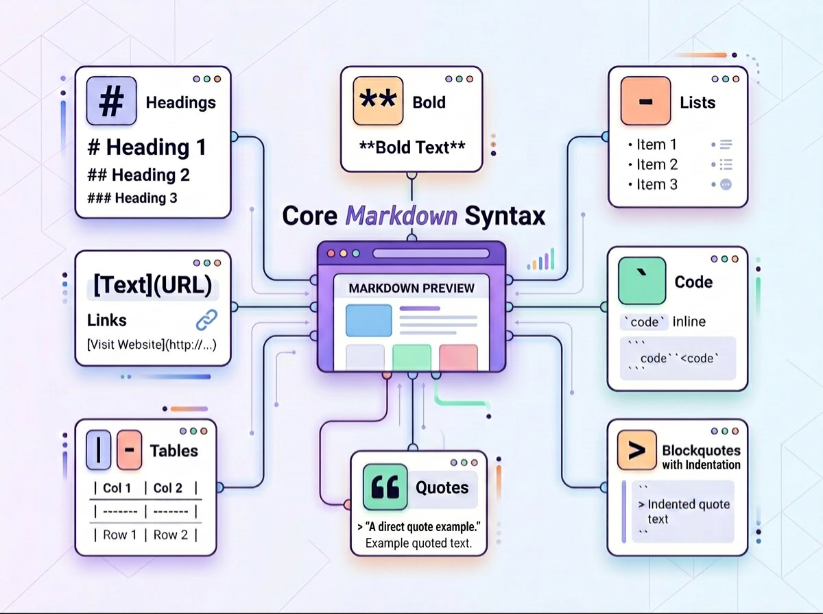 Overview of standard Markdown syntax elements used in documentation and web development.