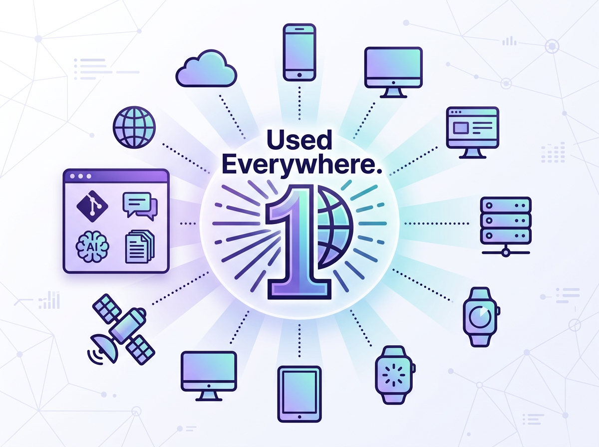Common platforms and tools that support .md files Illustration showing Markdown usage across various devices and platforms including GitHub, mobile, and web servers.