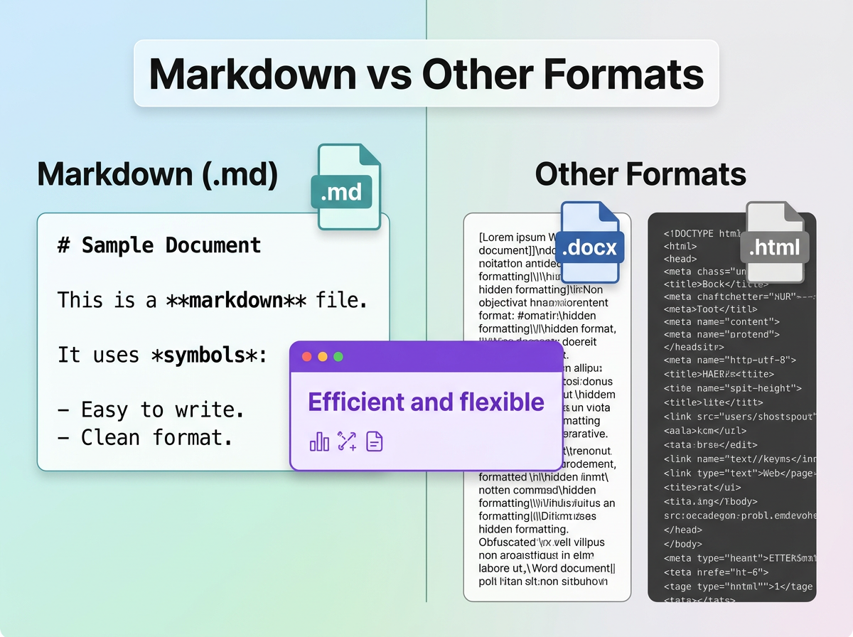 Comparing Markdown (md) to other file formats Comparison graphic showing a clean .md file versus cluttered .docx and .html file code.