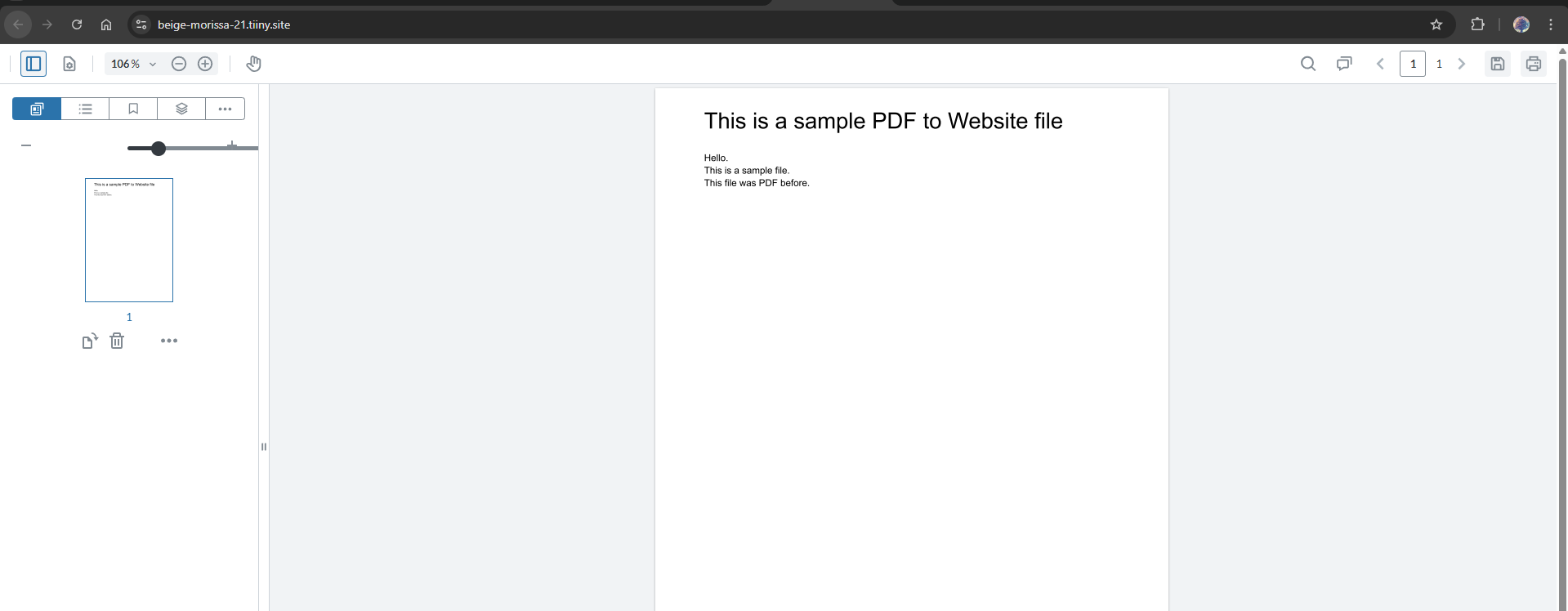 Example of an embedded PDF on a website using Tiiny Host's HTML code. The image demonstrates how the PDF appears with a built-in viewer and navigation controls for a professional look