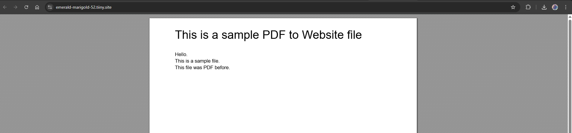 Example of a converted PDF hosted as a website using CloudConvert and Tiiny Host. The image displays a browser window with the document content successfully rendered as a web page.