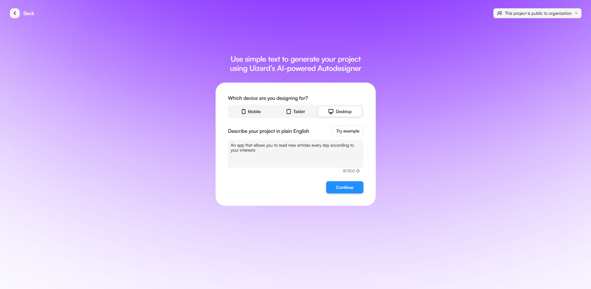 Selecting the type of device and typing the prompt for the type of app you want to create