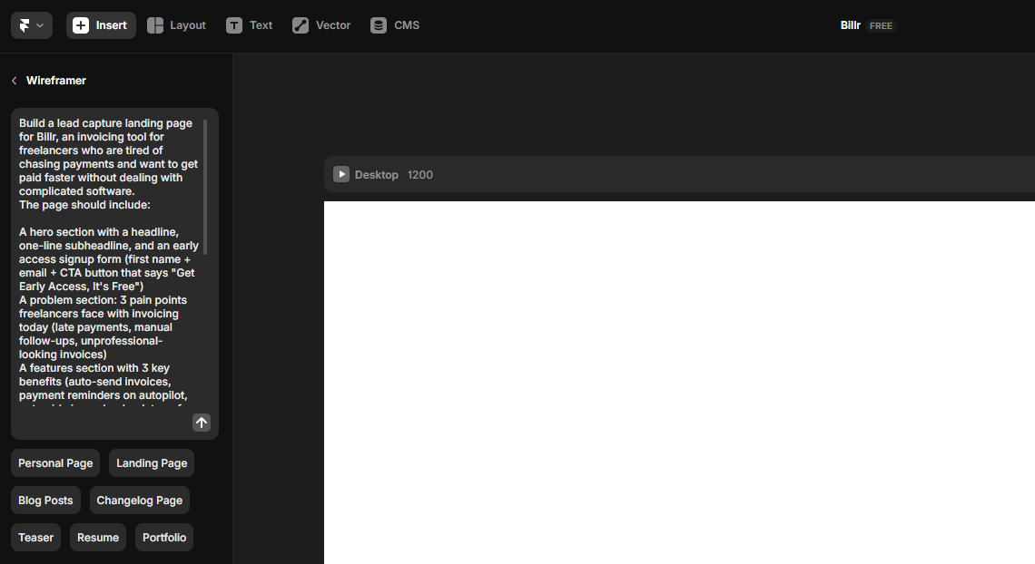 Framer Wireframer AI – Generate Landing Page Layouts Instantly from a Text Prompt Framer Wireframer AI generating a landing page layout from a text prompt in the editor