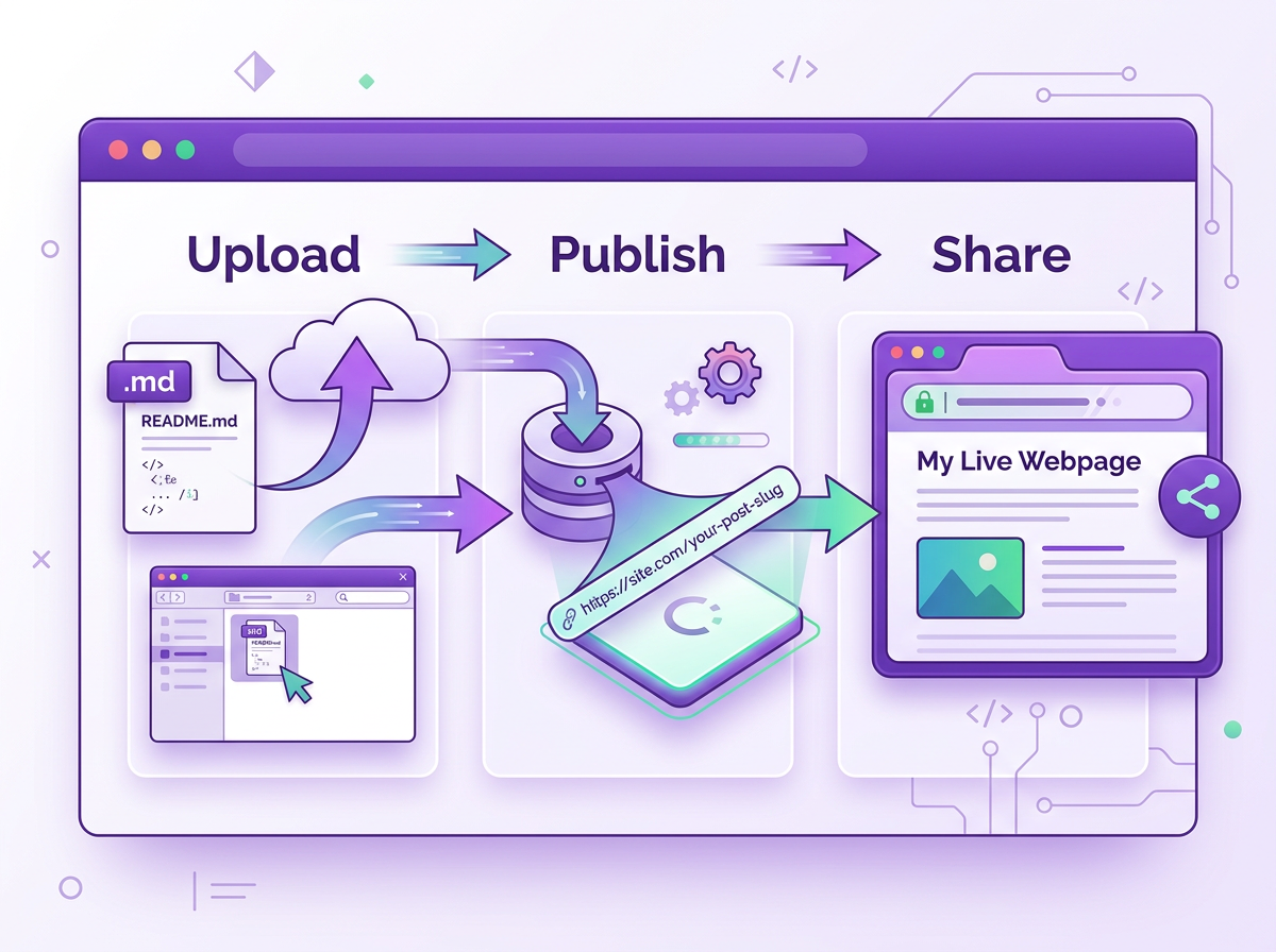 How to Publish and Share Markdown Files Online Conversion process from a Markdown document to a published website link.